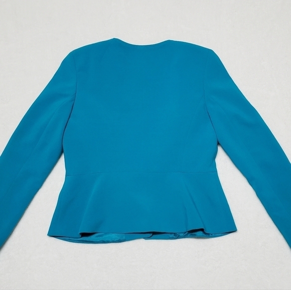 VINTAGE 90s Anne Klein Turquoise Blazer Abstract Silk A-line Skirt Set Outfit - Picture 12 of 16